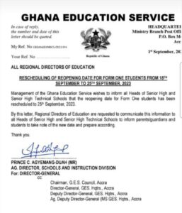 GES Postpones Reopening Date For SHS 1 Students; Here Is A New Date